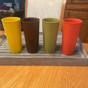 Vintage 1970’s Yellow Green Orange Brown Tall Tupperware Glasses Slightly Used